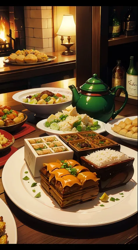 A photo of a lavish presentation of delicious Eid food, Includes succulent lamb and goat dishes, Fragrant rice, There is also a wide selection of delicious sweets such as baklava and ma&#39;amoul..People don&#39;t come out