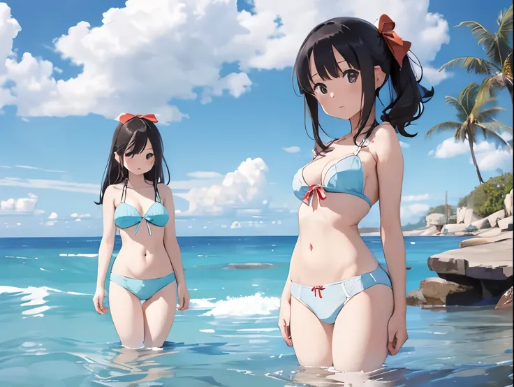 4 busty girls in long plain white boyfriend shirts and cute underwear(Cute underwear with light blue ribbon、White underwear with cute red ribbon)、barefoot、Standing posture、Sandy beach, beautiful sea and blue sky、Her breasts sticking to her shirt