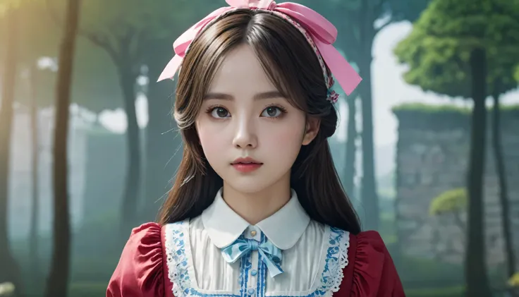 One girl, masterpiece, highest quality, 8k, Detailed skin texture, Detailed cloth texture, Beautifully detailed face, Intricate details, Super detailed, Alice in Wonderland, (A ribbon on her head:1.1), Upper Body