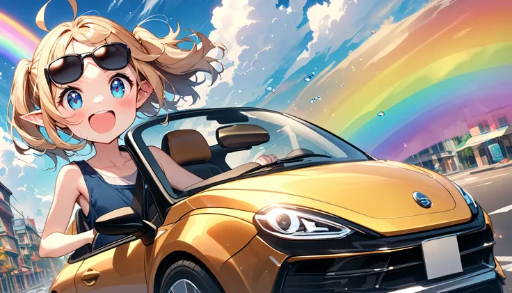 (little girl), solo, (loli face), glossy blonde hair, ahoge, happy smile, short hair, ((sunglasses)), elf, blush, blue eyes, beautiful detailed eyes, forehead, Tank top, twintails, ((open car)), ((driving a car)), windy, street, ((rainbow)), sea