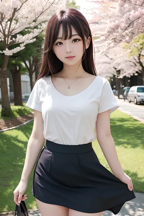 masterpiece, highest quality, High resolution, Very detailed, Detailed Background, Cinema Lighting, One girl, cute, Medium chest, , Skirt Lift, Public indecency, View Viewer, building, Outdoor, cherry blossoms, Bokeh,