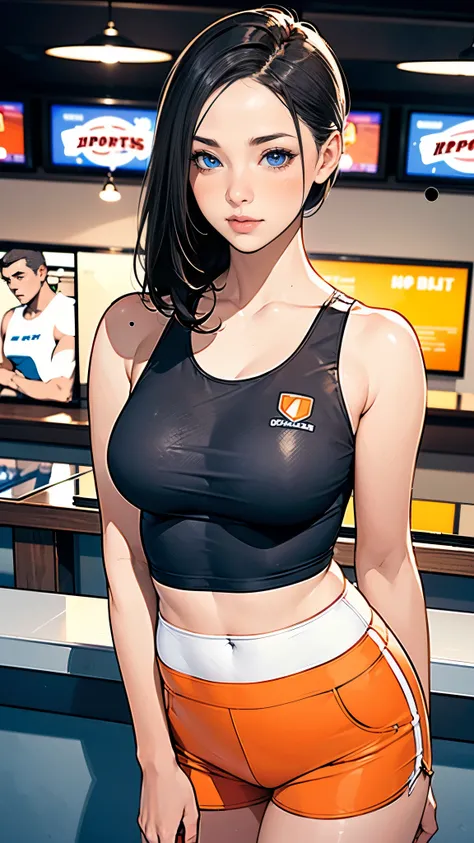 masterpiece,highest quality,Very detailed,High resolution,8k,wallpaper,Perfect lighting,break(One Woman),(Mature woman working as a waiter at a sports bar:1.5),(45 years old),(hooters),(((A very form fitting white tank top:1.5))),((The tank top has the log...