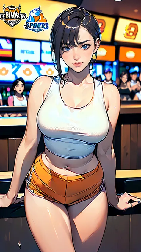 masterpiece,highest quality,Very detailed,High resolution,8k,wallpaper,Perfect lighting,break(One Woman),(Mature woman working as a waiter at a sports bar:1.5),(45 years old),(hooters),(((A very form fitting white tank top:1.5))),((The tank top has the log...