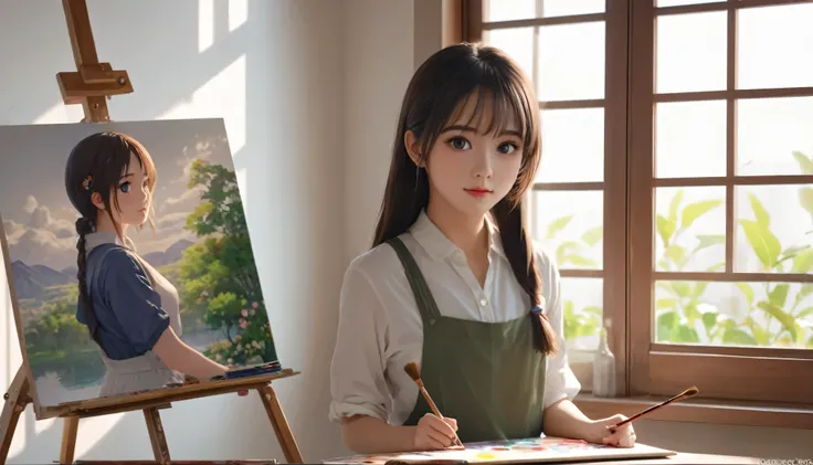 anime girl with a brush and a painting board in front of a window, painted in anime painter studio, Realistic cute girl drawing, beautiful anime portrait, anime. Soft lighting, Detailed painting 4k, anime realism style, realistic anime artstyle, Gweiz-styl...