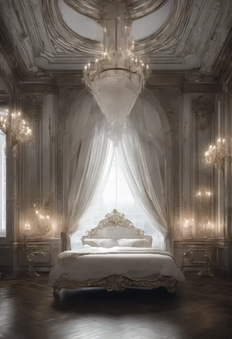 a beautiful detailed interior of a royal bedroom, white room, silver accents, ((well-lit environment)), fantasy, ornate furniture, candelabras, intricate moldings, velvet curtains, crystal chandelier, soft lighting, elegant decor, luxurious textures, antiq...