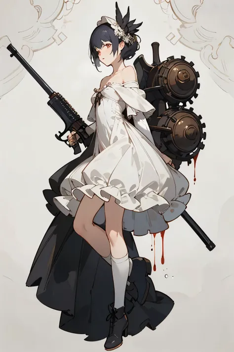 ((best quality)), ((masterpiece)), (detailed), 1girl, off-shoulder, blank white background, plain background, white background, red and white clothing, Bloodborne aesthetic, Bloodborne inspired,  occult aesthetic, occult, detailed and intricate steampunk a...