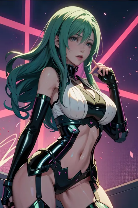 woman, Realistic characters, Green hair and pink hair, blue eyes, anime, alone, Modern, cyber punk, huge firm bouncing bust, dynamic sexy poses
