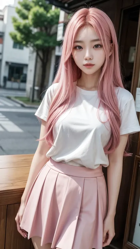 Korean woman, with long dyed pink hair, wearing a skirt 