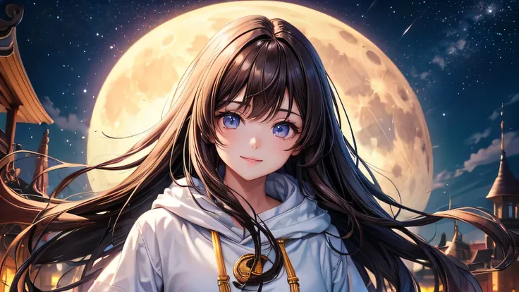 Beautiful woman 1.3, Beautiful brown hair: 1.2, , Night Road: 1.2,moon light: 1.1, Ultra-high resolution, Accurate, Super detailed, Textured skin, High detail, highest quality, 8k,Thin bangs,Upper Body,Well-drawn eyes, Focus on the face,White oversized hoo...