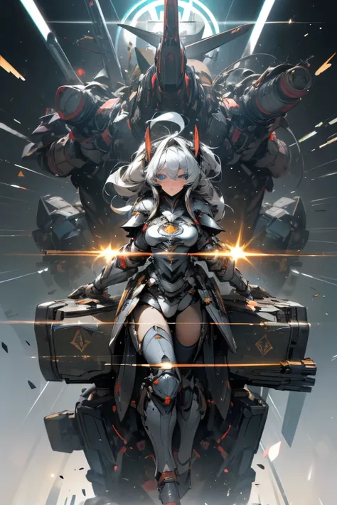 (masterpiece),highest quality,Super detailed,8k,Transistor Grammar,Girl,Silver Hair,Blue Eyes,Expressionless,(gigantic breast:1.2),Long Hair,Loose curls,Heavy Armor,Missile Pod,Two cannons,Gatling Gun,Vulcan cannon,Gun Blade,Missile Box,Electromagnetic Bar...