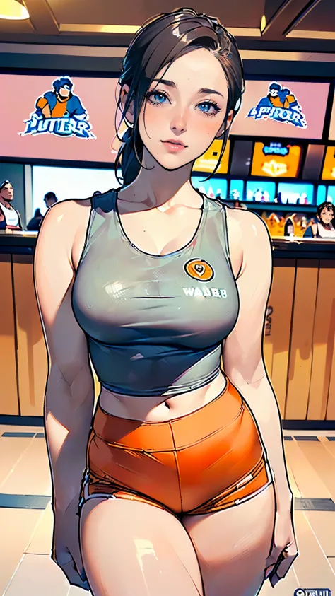 masterpiece,highest quality,Very detailed,High resolution,8k,wallpaper,Perfect lighting,break(One Woman),(Mature woman working as a waiter at a sports bar:1.5),(45 years old),(hooters),(((A very form fitting white tank top:1.5))),((The tank top has the log...