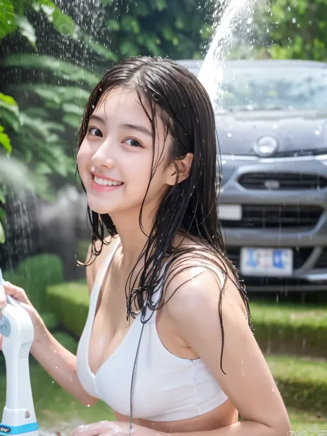 An 18-year-old girl with a cute face like an idol..。Gentle and cute。Please smile kindly。She is wearing a white, thin tank top.　Cleavage　(She is braless)She is washing the car　(My hair, face and whole body are soaked with water from the hose.) 　RAW Photos　G...