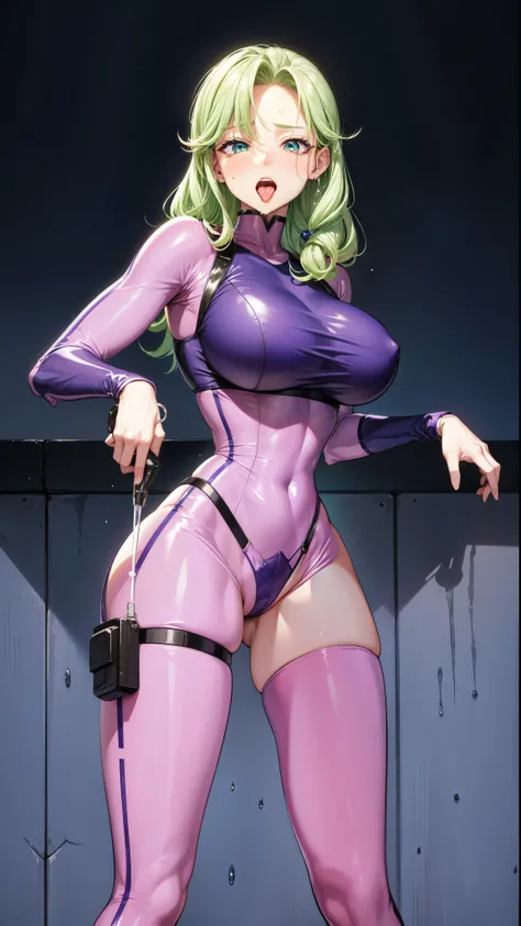 Female Combatant、Green haired Japanese girl、Close-up of a girl in a purple leotard、Purple shiny leotard、Purple Boots、Saiyan Girl, wonderful, Nano Girl, Female body type, Inspired by Hiromu Arakawa, Anime Manga Robot!! Anime Girls, Fubuki, Full Body Suit, b...