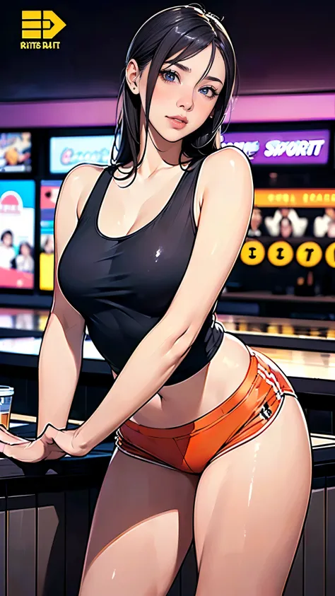 masterpiece,highest quality,Very detailed,High resolution,8k,wallpaper,Perfect lighting,break(One Woman),(Mature woman working as a waiter at a sports bar:1.5),(48 years old),(hooters),(((A very form fitting white tank top:1.5))),((The tank top has the log...