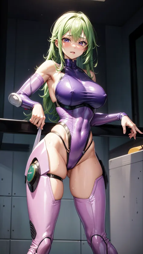 Female Combatant、Green haired Japanese girl、Close-up of a girl in a purple leotard、Purple shiny leotard、Purple Boots、Saiyan Girl, wonderful, Nano Girl, Female body type, Inspired by Hiromu Arakawa, Anime Manga Robot!! Anime Girls, Fubuki, Full Body Suit, b...