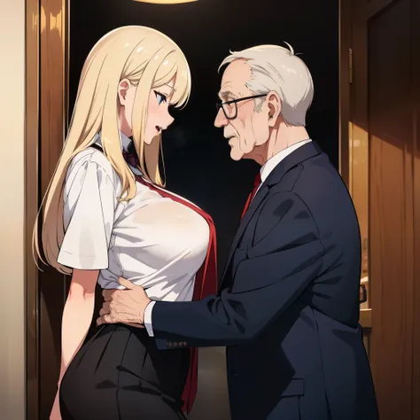 nsfw,((one girl, 1 elderly)), ((skirt flip:1.4)), ((old man grabs woman&#39;s skirt)), the old man laughs evilly, huge breasts:1...