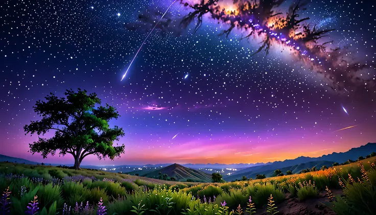 expansive landscape photograph , (a view from below that shows sky above and open field below), (full moon:1.2), ( shooting stars:0.9), (nebula:1.3), distant mountain, tree BREAK
production art, (warm light source:1.2), (Firefly:1.2), lamp, lot of purple a...