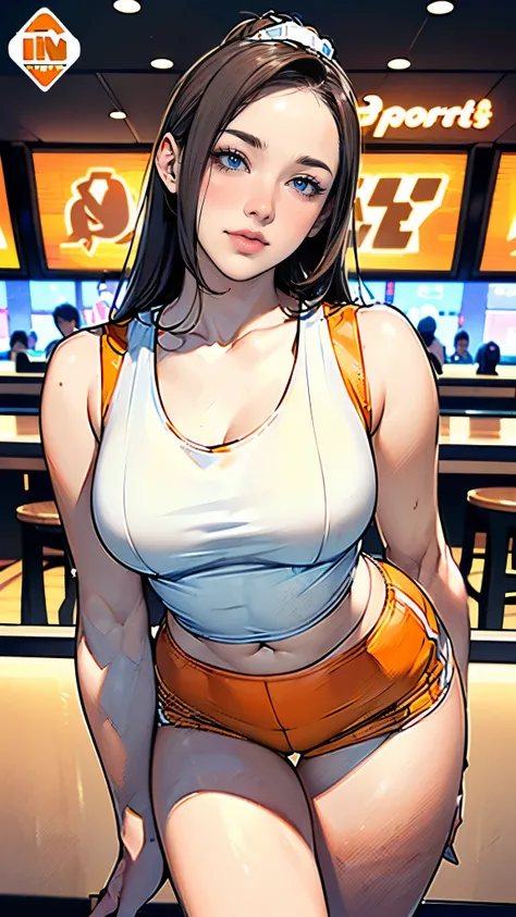 masterpiece,highest quality,Very detailed,High resolution,8k,wallpaper,Perfect lighting,break(One Woman),(Mature woman working as a waiter at a sports bar:1.5),(48 years old),(hooters),(((A very form fitting white tank top:1.5))),((The tank top has the log...