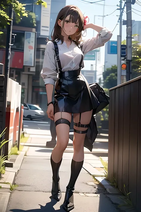 Brown Hair、Staring at the audience　　　Black suspenders　　　bulging big breasts　　 　 　　　wall: 　Black mini skirt　garter　　　　　　sight　　　Small face　Bans 　　　holster　　　Beautiful woman　　Show your hand　　leg holster lying on bed　　sight 　Black boots panty shot　Taunt　side　...