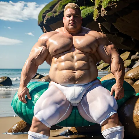 A blond male ex-bodybuilder swollen with muscles excessively bloated with anabolics and steroids, with undercut haircut,  but now obese, his huge muscles seem filled with gelatinous water painfully swollen on his stomach like a slobbering slug on the beach...