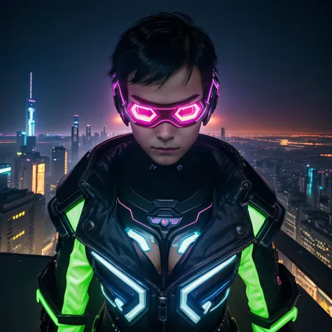 top-quality))、((​masterpiece)、cyberpunked、Electronic visor attached to the face of a 12-year-old boy looking out at the city from the roof of a building、Cyberpunk Fashion、Sexy Posing、Exposed skin、Breasts enlarged、Neon lights in dark city at night