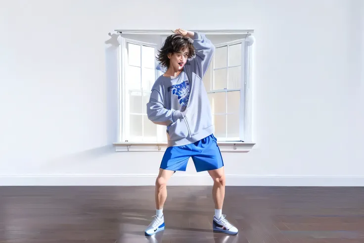 tem um homem em uma sala com janela e um skate, playful pose of a dancer, it looks like someone is dancing, Is he dancing, jovem com short, frantic dancing pose, Saltando para o espectador, dando um chute, jumping towards the viewer, man in defensive posit...