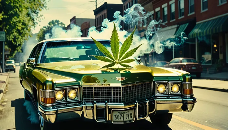 1970s marijuana leaf cadillac driving down the street with smoke coming out of the windows, 35mm, atmospheric perspective, depth of field, cinematic lighting, reflection light, backlighting, masterpiece, anatomically correct, textured skin,