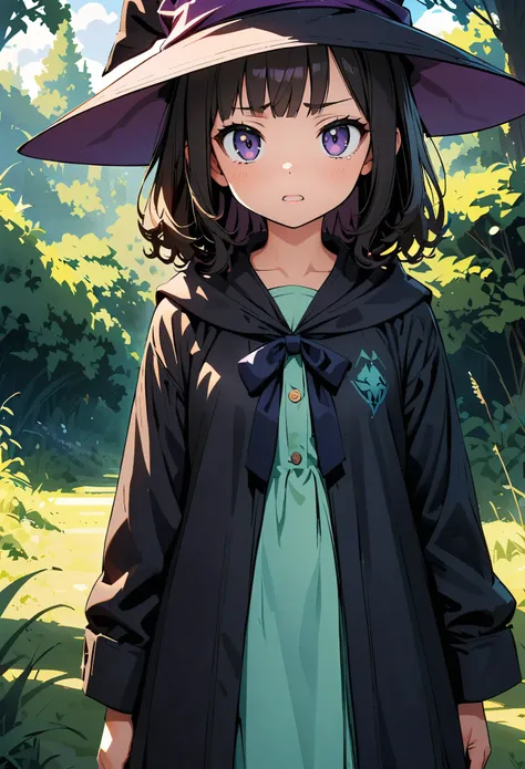 Young witch girl, Beautiful detailed eyes, Beautiful detailed lips, Very detailedな顔と肖像画, Long black hair, Troubled face, Open your mouth, I feel like crying, gothic lolita dress, Witch Robe:1.2, Witch Hat, Have a magic wand, In the grassland, Forest Backgr...