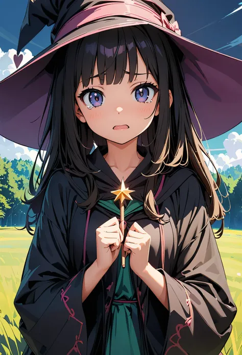 Young witch girl, Beautiful detailed eyes, Beautiful detailed lips, Very detailedな顔と肖像画, Long black hair, Troubled face, Open your mouth, I feel like crying, gothic lolita dress, Witch Robe:1.2, Witch Hat, Have a magic wand, In the grassland, Forest Backgr...