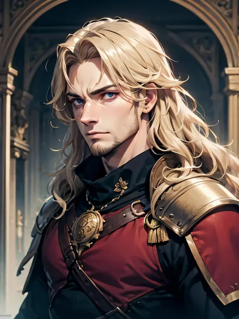 male, late 30s, ((blond, shoulder-length, middle-part wavy hair)), light-purple, deep-set, Sanpaku eyes, slightly thick blond beard, aquiline and hooked nose, slightly underbite, chiseled, slightly long face, fearless expression, strong and dependable body...