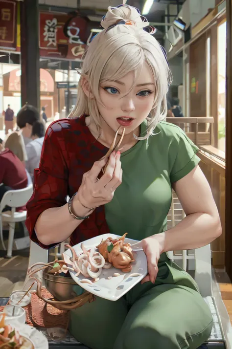 mangiare, there is a woman eating a piece of food with chopsticks, a picture by adam marczyński, pexels contest winner, realism,...