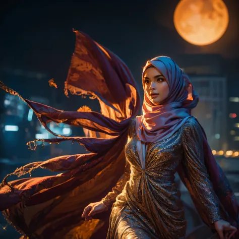 1girl, night sky, fireworks, hijab, detailed face, detailed eyes, detailed nose, detailed lips, beautiful girl, young woman, detailed clothing, flowing dress, colorful dress, intricate dress patterns, sparkling dress, starry night, glowing moon, vibrant co...