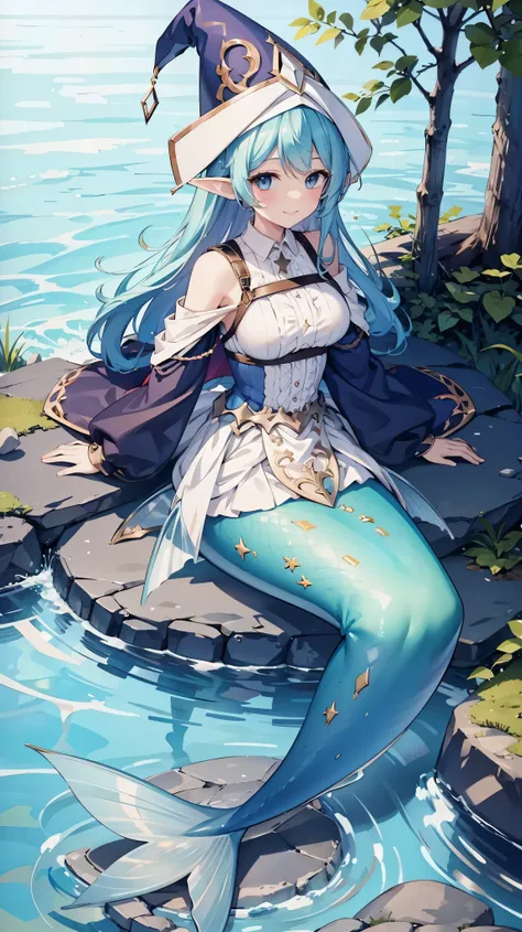 masterpiece, best quality,A girl,Witch, Blue Hair, blue eyes, Elf ears, Wizard Hat, White Dress,Solitary,Large Breasts,Mermaid,蓝色的Mermaid尾巴,full-body shot,charming face(Kawaii, charming,Soft),lying in a pond,forest,looking at the audience,Smile