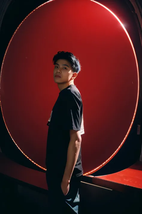 a BOY HANDSOME wearing a black shirt with a blue logo on it, photo from a low angle, using a wide lens, fish eye lens camera, sharp gaze at the camera, professional model pose,, red lighting, ULL BODY SHOT, WITH WHITE BACKGROUND AT STUDIO, cool pose, gentl...
