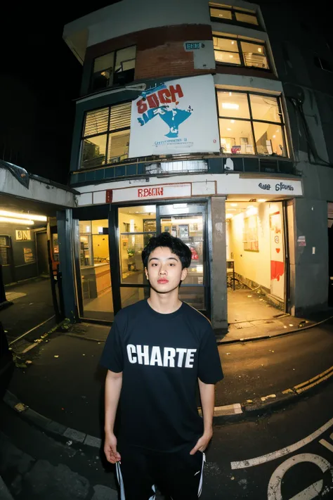 a BOY HANDSOME wearing a black shirt with a blue logo on it, photo from a low angle, red hair, using a wide lens, fish eye lens camera, sharp gaze at the camera, professional model pose,, red lighting, official product image, official product photo, 2 tech...