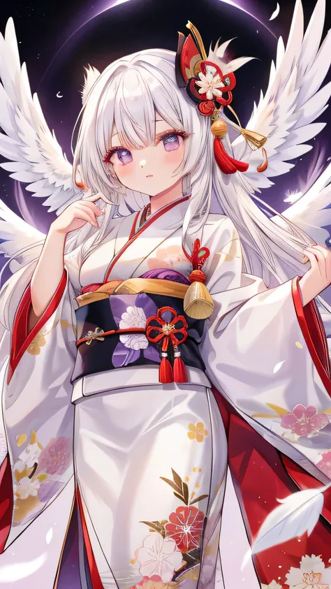 man, Tengu, Onmyoji, hairy, white hair, White feather, Long Wing, Purple pupils, kimono, Japanese style, Simple background
