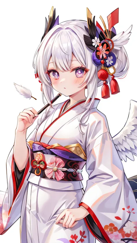 man, Tengu, Onmyoji, hairy, white hair, White feather, Long Wing, Purple pupils, kimono, Japanese style, Simple background