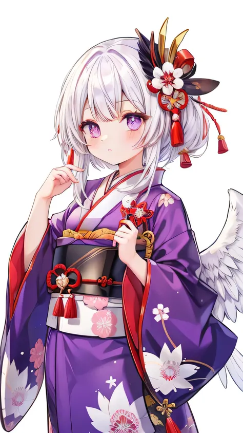 man, Tengu, Onmyoji, hairy, white hair, White feather, Long Wing, Purple pupils, kimono, Japanese style, Simple background