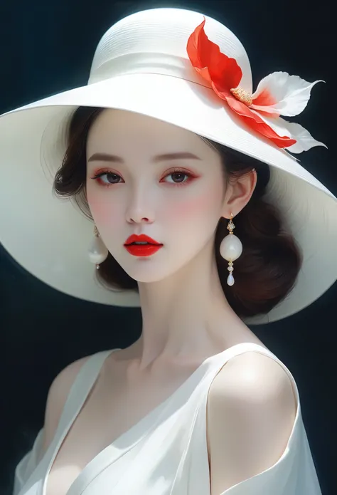 wearing a white hat、arav woman wearing red lips, pale porcelain white skin, guweiz, guweiz masterpiece, artwork in the style of ...