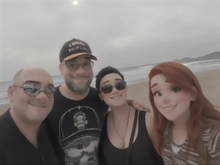 There are four people together on the beach, a man in a cap, a bald man, a woman with black hair and sunglasses and a young woman with red hair.  On the beach, vacation photo, beach photo, standing near the beach, in the sea, on a beach, on a beach, on a s...