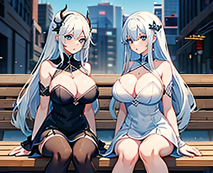 Girl, dragon, dragon girl, blue eyes, white hair, two hands, two legs, black dress, huge oppai, twins, black hair, White dress, sit on bench, looking at each other, city, stocking