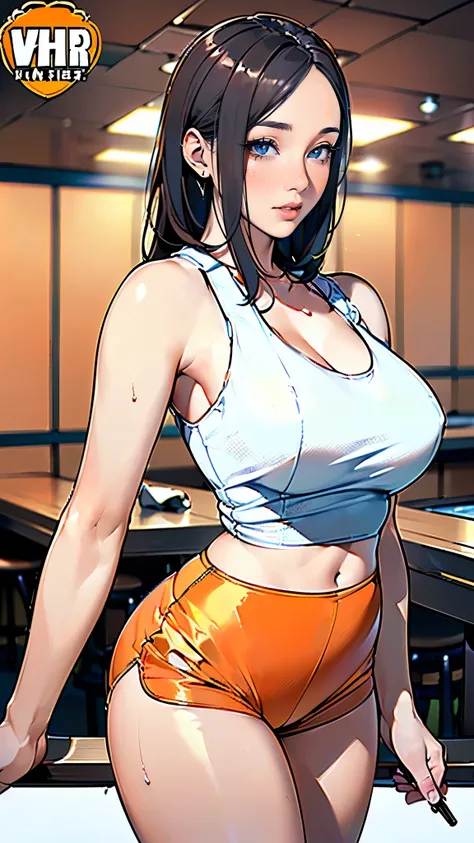 masterpiece,highest quality,Very detailed,High resolution,8k,wallpaper,Perfect lighting,break(One Woman),(Mature woman working as a waiter at a sports bar:1.5),(45 years old),(hooters),(((A very fitted white tank top with a logo:1.5))),(((Orange shorts tha...