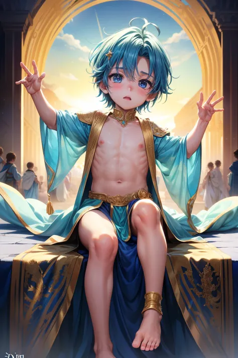 4k resolution, (Masterpiece:1), A small boy with vibrant, iridescent, cyan eyes and bare feet, arms raised in a triumphant pose, evoking an epic, cinematic feel. (Young:1.4), (Child:1.4), (Shota:1.4), (Male:1.4), (Boy:1.4), adorned in royal clothes fit for...