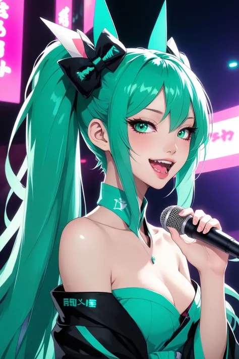 (best quality, sketch:1.2),Practical,ilustrador,shrew，Japanese cartoons,1 girl, Hatsune Miku，Detailed lips, ，Fangs，hand，Off-shoulder， Neon long hair,High ponytail green，masterpiece, The style is vintage, Karaoke