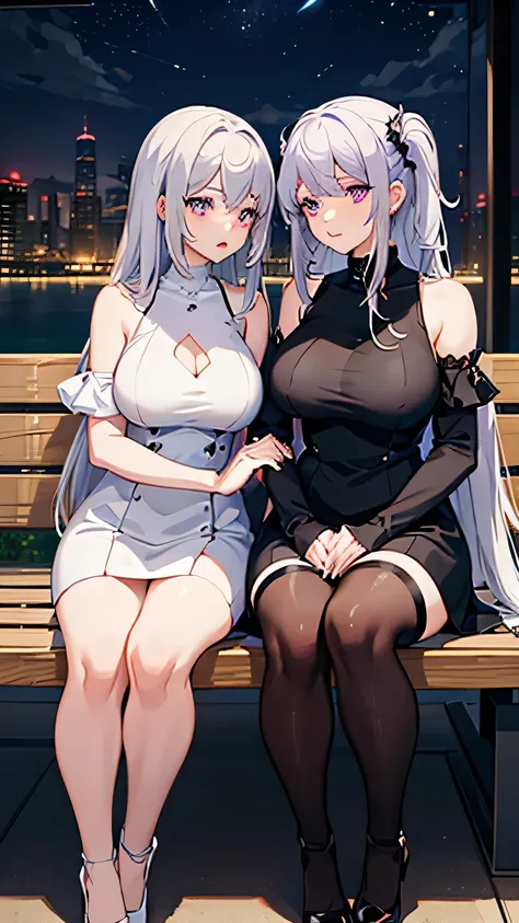 Girl, dragon girl, purple eyes, white hair, two hands, two legs, black dress, huge oppai, twins, black hair, White dress, sit on bench, looking at each other, city, stocking, 4k anime image, perfect fingers, night time