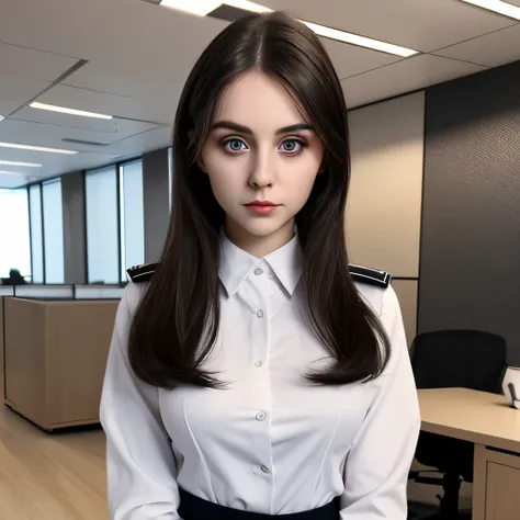 best quality, Full body portrait, Delicate face, Pretty Face, big eyes: 1.1, cosmetic: 1.2, 25-year-old female, slim, Smaller bust, OL uniform, Female white-collar workers, office, black, Exterior, permanent, long hair, exposed, exposed, exposed