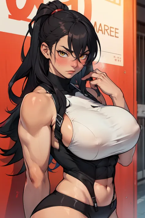 girl muscular thick pale skin black hair ultra detailed eyes huge breasts toned body embarrassed blush very long hair yellow eyes