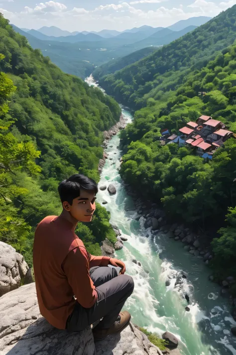 Best quality, detailed. A young man with an Indian face was sitting on a large rock at the top of a mountain, looking at the beautiful scenery below. there are clear flowing rivers, dense forests, and colorful houses.