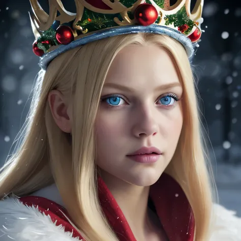 Beautiful portrait of queen, Blonde Hair, Perfect blue eyes, brilliant, impossible striking big Christmas headpiece, Clothes Santa Claus Robe, Everything Christmas, snow, Symmetrical,, close up, D&D, fantasy, Wheels within wheels, elegant, Very detailed, n...