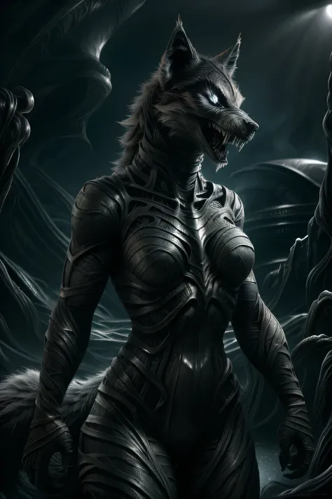 (Best Quality,Ultra-detailed,Realistic:1.37),wolf women, wolf female, female, Wolf body,sharpteeth,ominous lighting,Silvertone,Alien Symbiote Set,full body